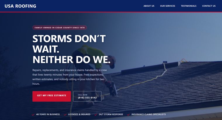 The USA Roofing landing page: a full-width photo of a roofer at work behind the headline 'Storms don't wait. Neither do we.', with a free-estimate button and a phone number.